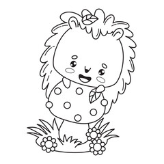 Cute hedgehog on big fly agaric mushroom. Vector illustration. Cartoon outline animal character. Line drawing, coloring book. Kids collection.