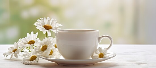 Fototapeta na wymiar A delicate white daisy flower placed beside a white cup filled with coffee on a wooden table