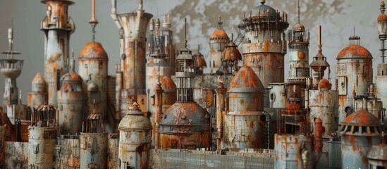 A sprawling cityscape filled with a large group of futuristic skyscrapers, towers, and domes made out of concrete. The buildings create a modern and industrial aesthetic, showcasing a blend of - obrazy, fototapety, plakaty