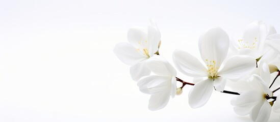 Fototapeta na wymiar Delicate white flowers blooming on a slender branch, contrasting beautifully with the pure white background