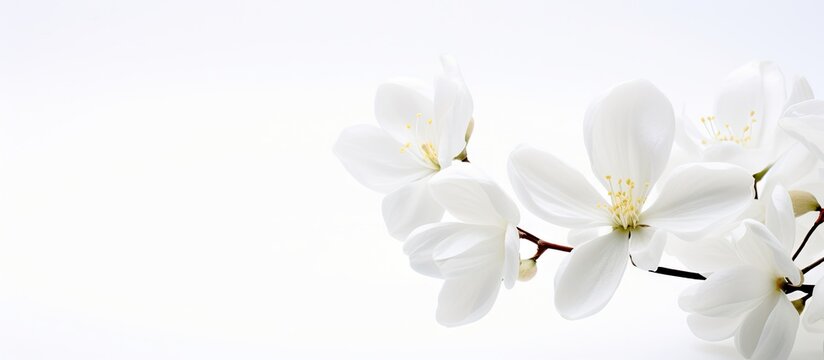 Delicate white flowers blooming on a slender branch, contrasting beautifully with the pure white background