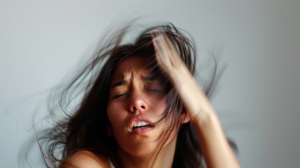 Naklejka premium A woman with long dark hair her eyes closed and her mouth open in a moment of intense emotion or pleasure with her hair flying around her face.