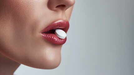 A close-up of a woman's lips and chin with a white pill held delicately between her lips against a soft-focus background. - obrazy, fototapety, plakaty