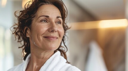 Woman in white bathrobe with wet hair smiling and looking away in soft warm lighting possibly in a spa or bathroom setting. - 768783483