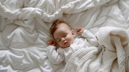 A serene scene of a baby peacefully sleeping on a white bed swaddled in soft blankets with the gentle folds of the bedsheet creating a sense of tranquility. - 768783491