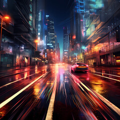 Dynamic city street with streaks of car lights. 