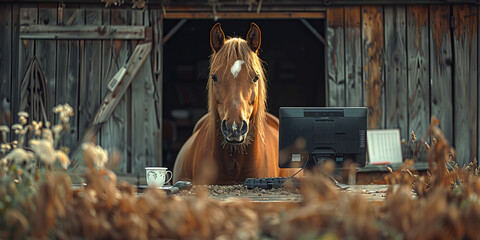 Equestrian Office Hours: A Horses Workday at the Rustic Computer Banner - obrazy, fototapety, plakaty