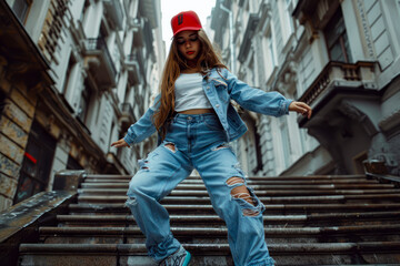 Urban vibes: Young female hip hop dancer strutting down city stairs - obrazy, fototapety, plakaty