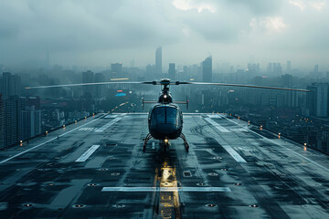 Sky-high intrigue: Black helicopter perched on skyscraper runway - obrazy, fototapety, plakaty