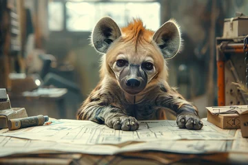 Tuinposter Engineer Hyena Expertly Drafting Plans in Workshop Banner © Алинка Пад