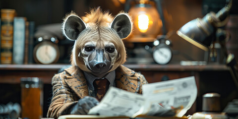 Sophisticated Hyena in Tweed Suit Reviews Financial News at Vintage Desk Banner