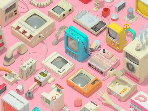 A collection of old electronic devices, including a TV, a phone, and a computer, are arranged on a pink background. The image conveys a nostalgic and retro vibe