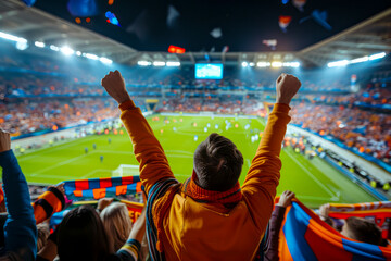 Vibrant Evening Cheers: Soccer Fans in Colorful Scarfs at Crowded Stadium