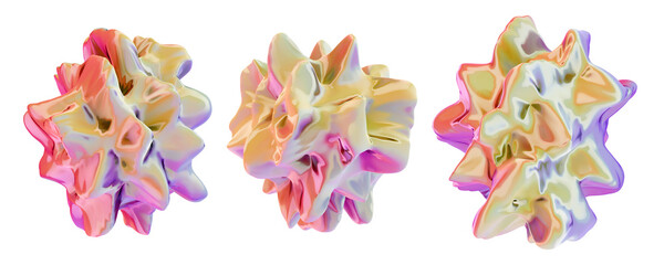 Iridescent holographic modern design elements, glass gradient 3d organic shapes set, liquid abstract transparent 3d rendering objects.