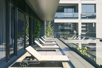 Fototapeta premium sun loungers on the terrace of a contemporary highrise flat