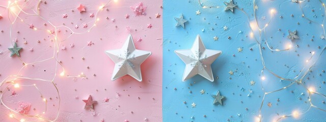 split background in pastel shades of blush pink and sky blue, adorned with whimsical star-shaped light accents.