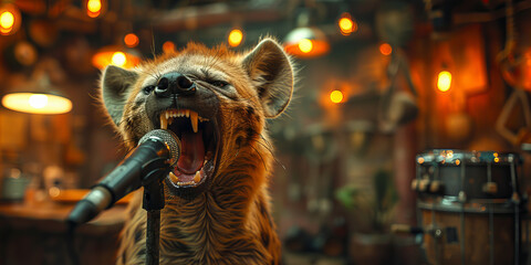 Hyena Rockstar Belting Out Tunes in Neon Lit Musical Den Banner
