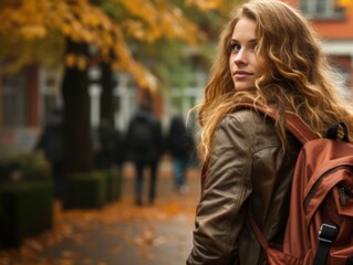 Fototapeta premium Woman Walking Down Street With Backpack Generative AI