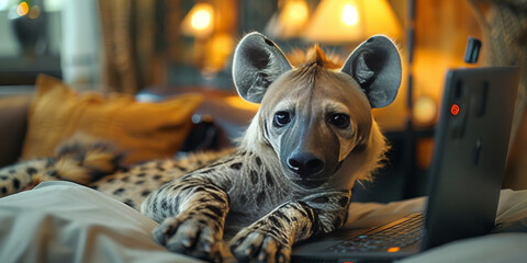 Hyena-Inspired Character Surfs the Web in Cozy Room - Digital Art Banner