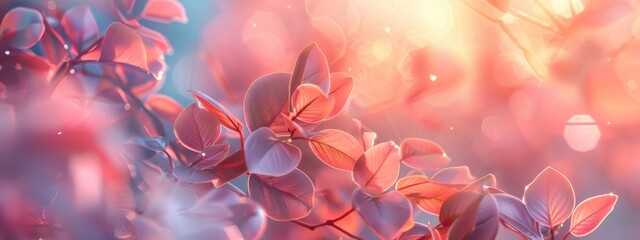 split background in pastel shades of peach and lavender, with delicate leaf-shaped light shapes scattered throughout.