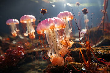 Ethereal Underwater Dance of Luminescent Jellyfish - A Mystical Banner - obrazy, fototapety, plakaty