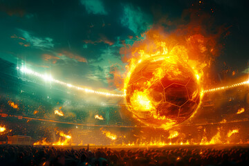 Blazing soccer ball lighting up the night sky in a packed stadium, captivates spectators with its fiery flight.