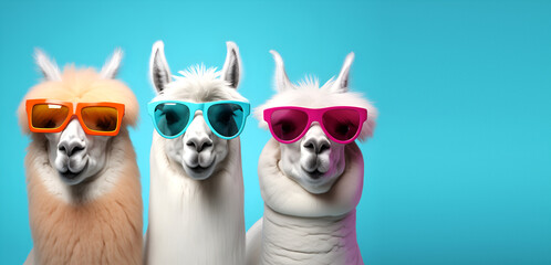 Fototapeta premium Creative animal concept. Group of llama friends in sunglass shade glasses isolated on solid pastel background, commercial, editorial advertisement, copy text space 