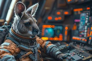 Fotobehang Intergalactic Marsupial Pilot Navigates Starship Control Panel Banner © Алинка Пад
