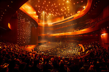 Electric atmosphere: Packed concert hall with ecstatic fans dancing and cheering, stage in full view