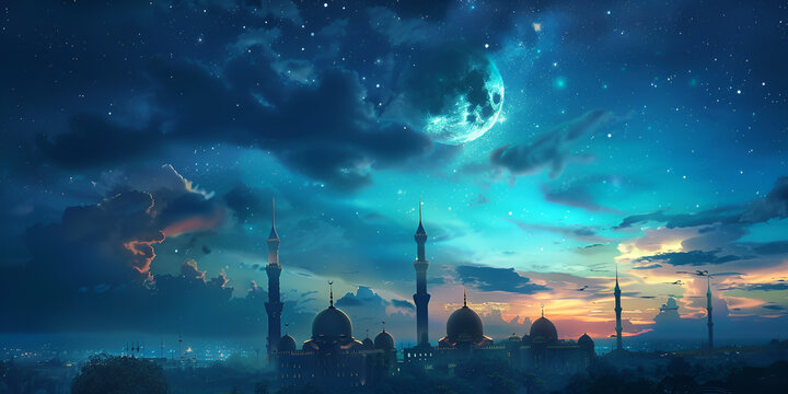 Ramadan Kareem With Beautiful Blue Crescent Moon And Mosque Background