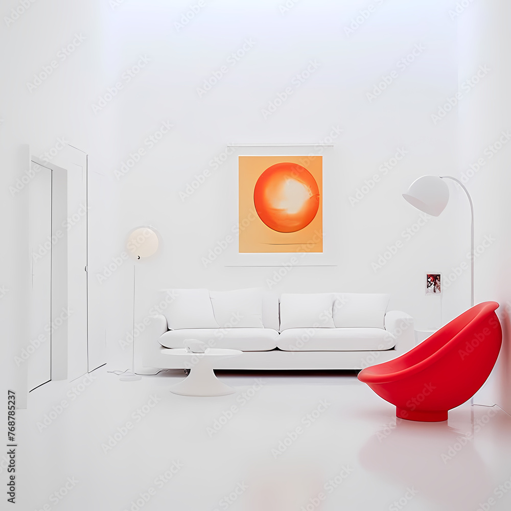 Wall mural minimalist white room with a pop of color.