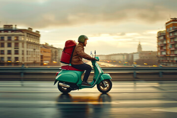 Speedy urban delivery: Courier zipping through city streets on green moped with cube-shaped bag