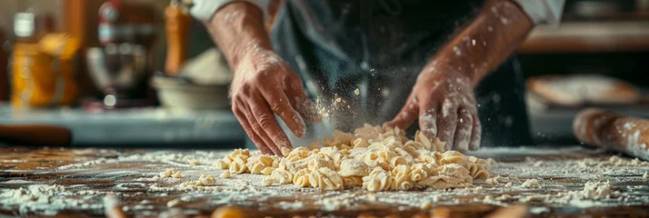 Poster Close up of  hands kneading and stretching pizza dough on a floured surface,Pizza Process Dough Preparation,  © Nice Seven
