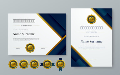 Blue gold and white vector modern elegant and luxury certificate template for corporate. For award, business, diploma, workshop, award, graduation, completion, competition and education