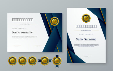 Blue white and gold vector professional and modern award corporate certificate design template. For award, business, diploma, workshop, award, graduation, completion, competition and education