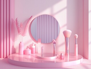 A pink room with a pink mirror and pink cosmetics