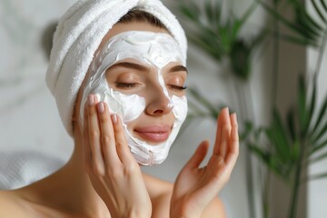woman selfmassaging with facial cream at home