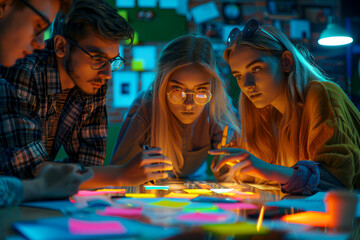 Dynamic Team of Innovative Marketers Collaborating on Ideas and Strategies with Colorful Post-It Notes on the Wall