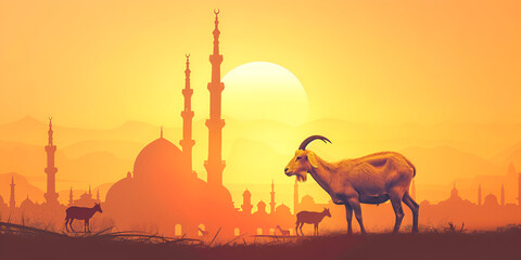 A goat with mosque Eid Al Adha
