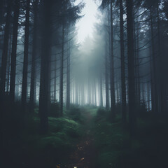 Mysterious foggy forest with tall trees.