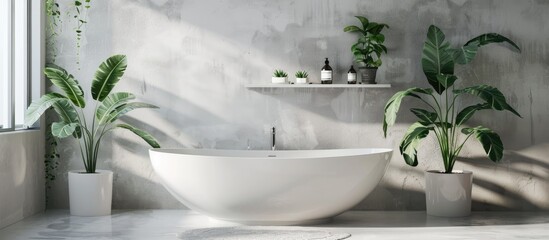 A white bath tub is placed next to two potted plants in a modern bathroom with white walls and a concrete floor. The bathtub is clean and empty, while the plants add a touch of greenery to the space. - obrazy, fototapety, plakaty