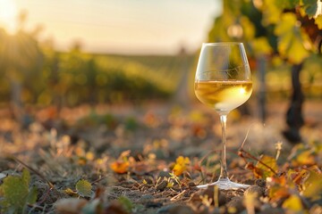Verre de vin blanc posé dans les vignes, vignoble en arrière plan, ia générative