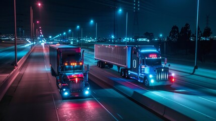 Self-driving semi-trucks use sensors to navigate while hauling cargo at night. Special effects enhance the image of the truck on the digitalized freeway.