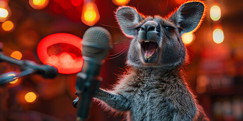 Rockstar Kangaroo Wows Audience with Fiery Stage Performance Banner - obrazy, fototapety, plakaty