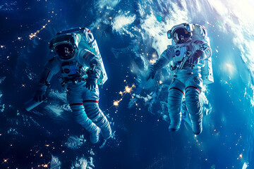Fototapeta na wymiar Galactic Repair: Astronauts Conducting Spacewalk to Fix Station with Earth in Background