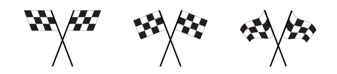 Set of crossed race flags with checkered black and white pattern. Start or finish symbols on sport car competitions. Rally or motocross props. Victory, trophy or success signs. Vector illustration - obrazy, fototapety, plakaty