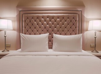 A bed with two white pillows and a beige headboard in the hotel room at night, with two lamps on...