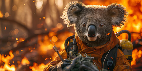 Fototapeta premium Brave Koala Firefighter Heroically Battles Blazing Wildfire: Inspirational Banner of Courage