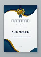 Blue gold and white certificate modern elegant and luxury template with shapes. For appreciation, achievement, awards diploma, corporate, and education