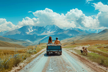Naklejka premium Adventurous Summer Road Trip: Young Couple and Dog Exploring the Mountains